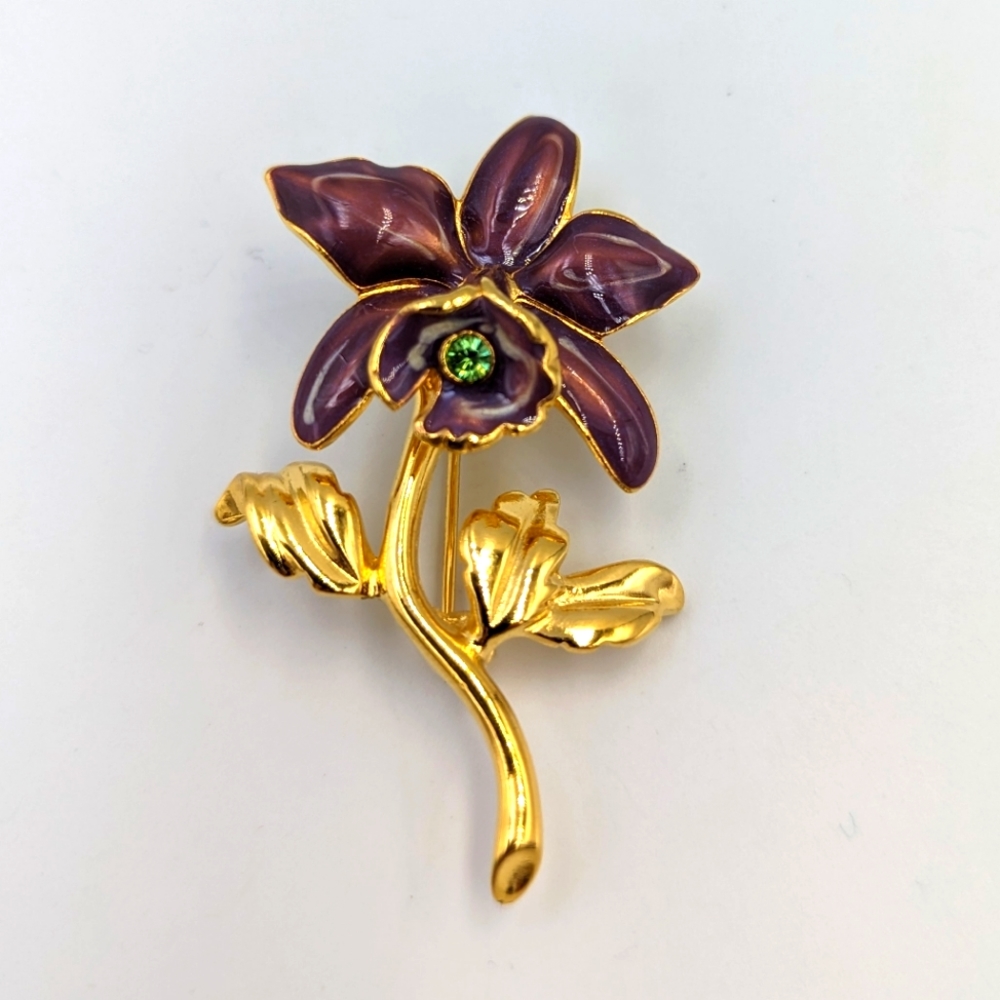 Vintage Articulated Gold-tone Brooch Orchid Enamel w green stone Joan Rivers